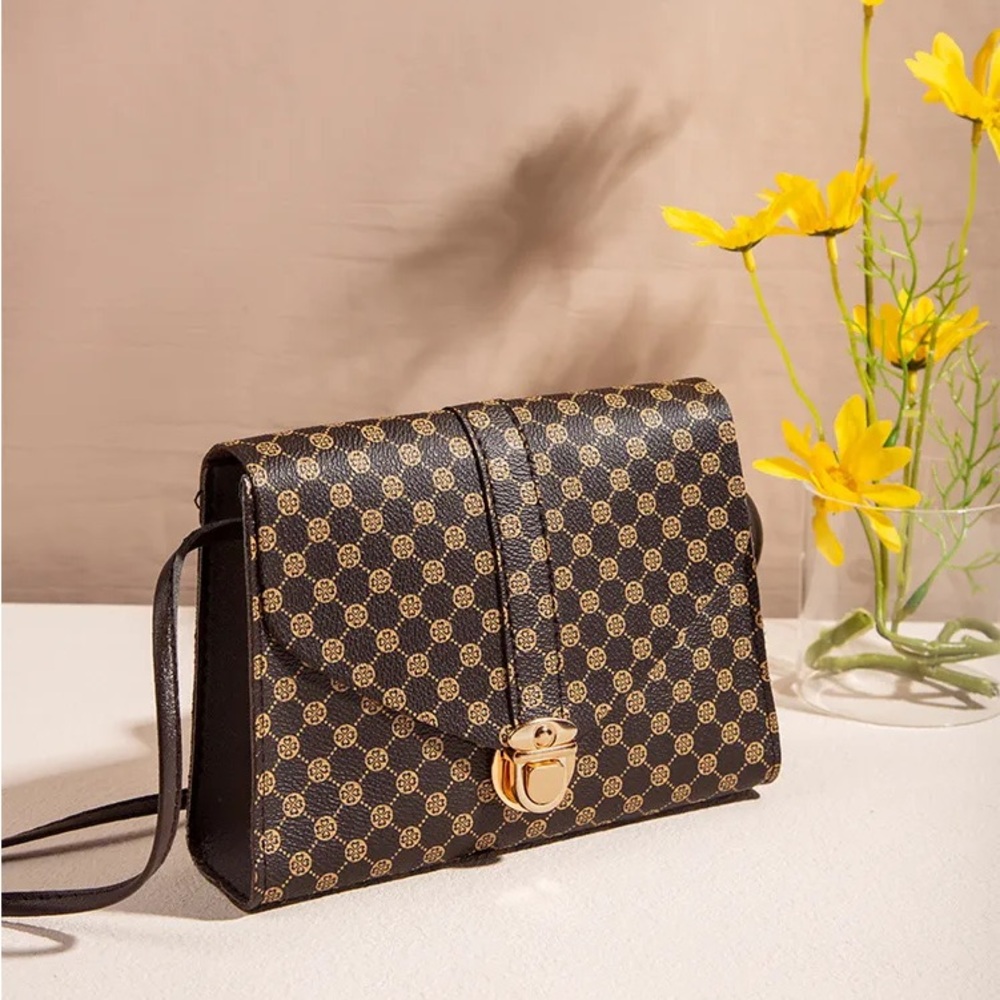 Brown and Tan Pu Leather Crossbody Bag with Checkered Pattern and Gold Clasp